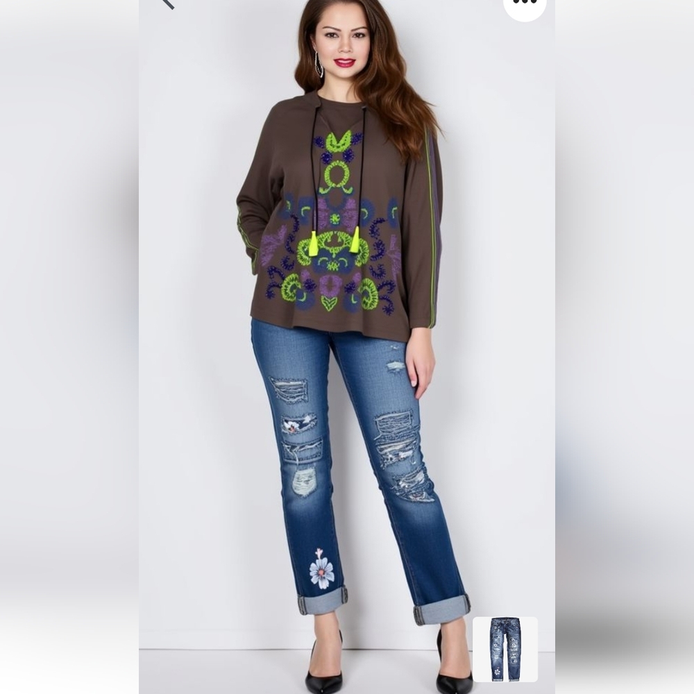 Boden Women's Brown Embroidered Top with Neon Accents